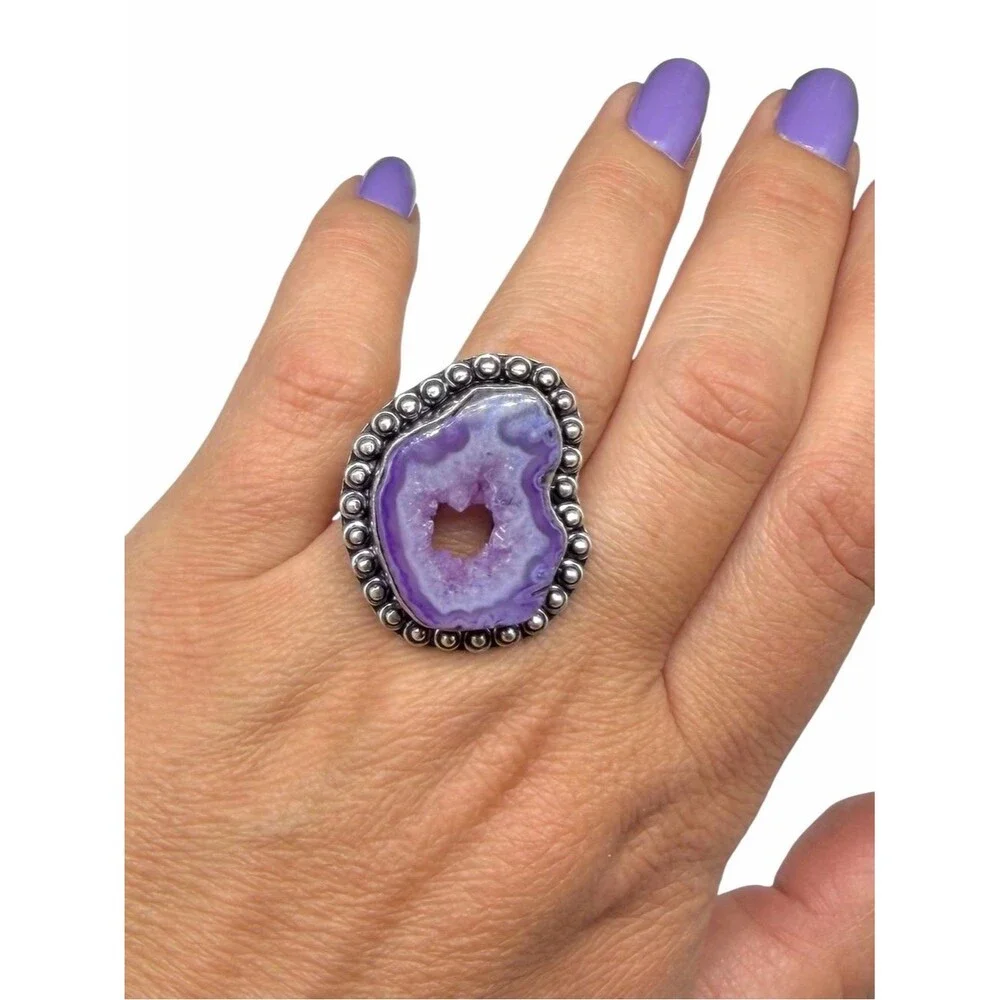 Purple Agate Ring Window Druzy Size 9 925 Sterling Silver Overlay